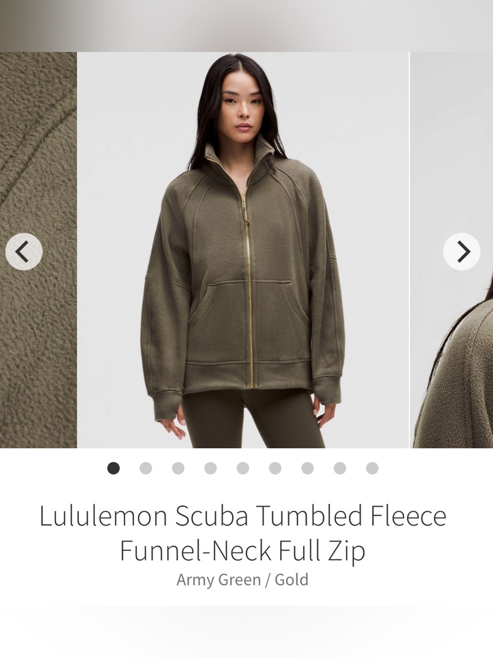 lululemon athletica Army Green & Gold Scuba Tumbled Fleece Funnel-Neck Full Zip